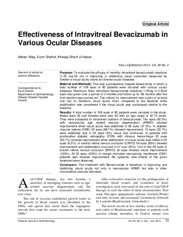 (PDF) Effectiveness of Intravitreal Bevacizumab in Various Ocular Diseases