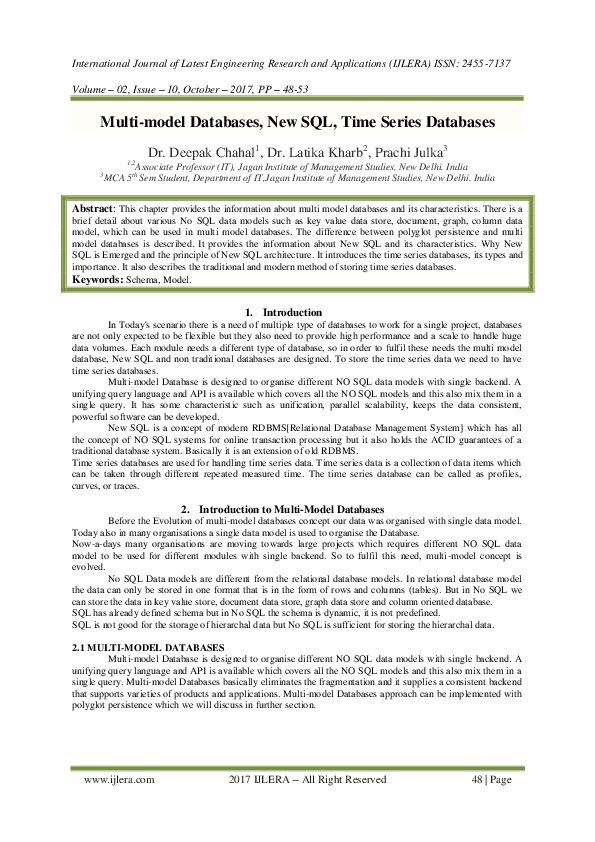 (PDF) Multi-model Databases, New SQL, Time Series Databases
