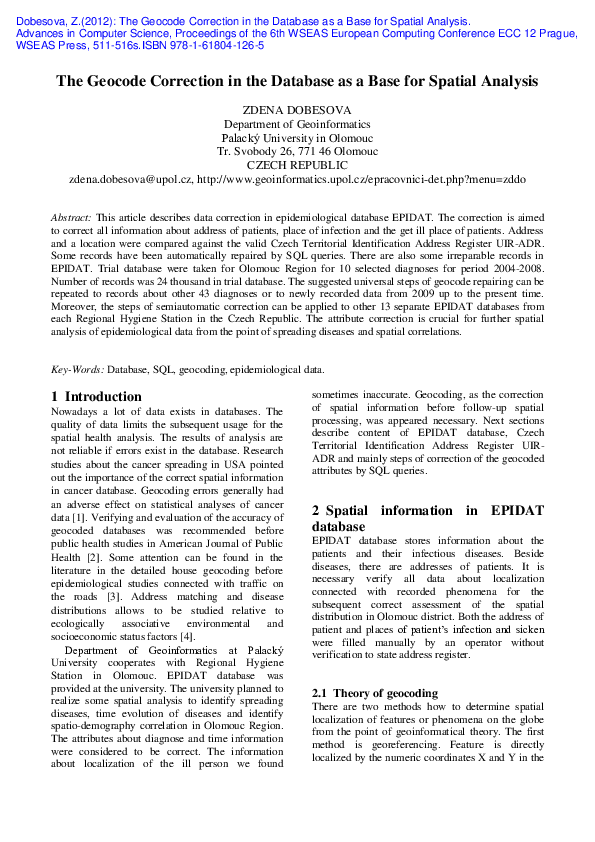 (PDF) The Geocode Correction in the Database as a Base for Spatial Analysis
