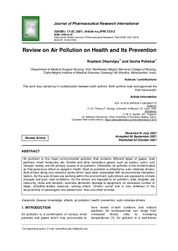 (PDF) Review on Air Pollution on Health and Its Prevention