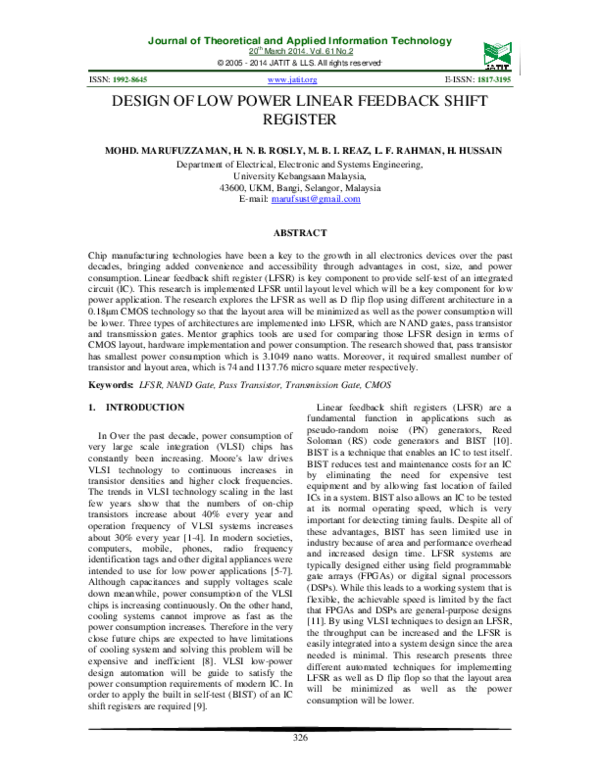 (PDF) Design of low power Linear feedback shift register