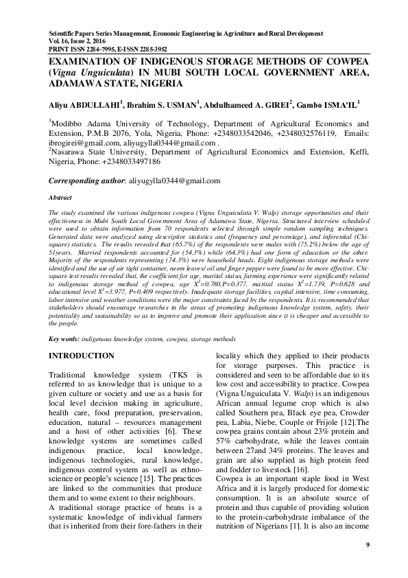 (PDF) EXAMINATION OF INDIGENOUS STORAGE METHODS OF COWPEA (Vigna ...