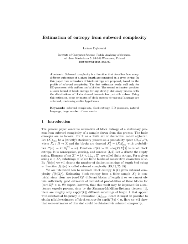 (PDF) Estimation of entropy from subword complexity
