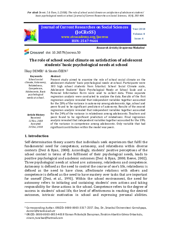 (PDF) The role of school social climate on satisfaction of adolescent ...