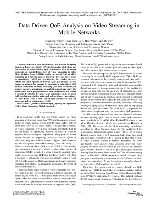 (PDF) Data-Driven QoE Analysis on Video Streaming in Mobile Networks