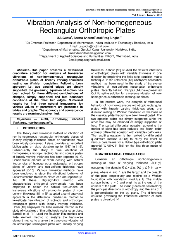 (PDF) Vibration Analysis of Non-homogeneous Rectangular Orthotropic Plates