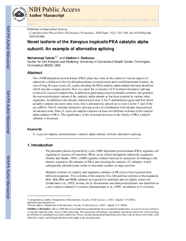 (PDF) Novel isoform of the Xenopus tropicalis PKA catalytic alpha ...