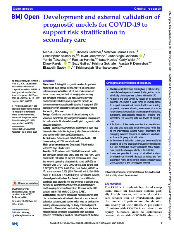 (PDF) Development and external validation of prognostic models for ...