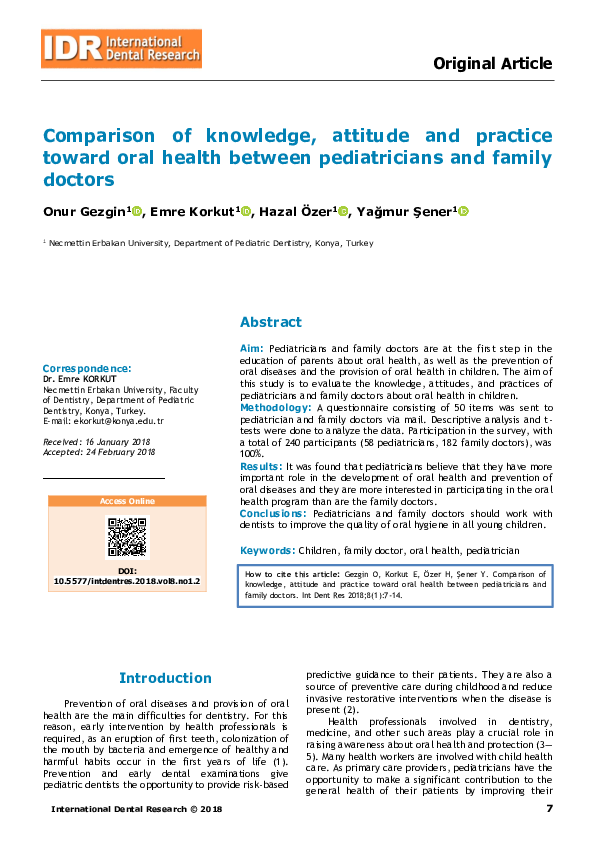 (PDF) Comparison of knowledge, attitude and practice toward oral health ...