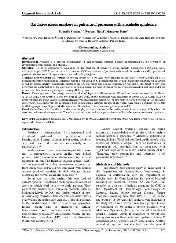 (PDF) Oxidative stress markers in patients of psoriasis with metabolic ...