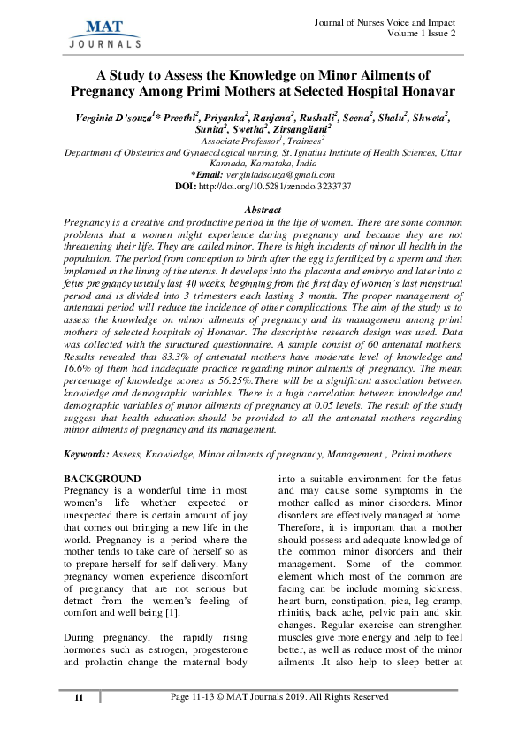 (PDF) A Study to Assess the Knowledge on Minor Ailments of Pregnancy ...