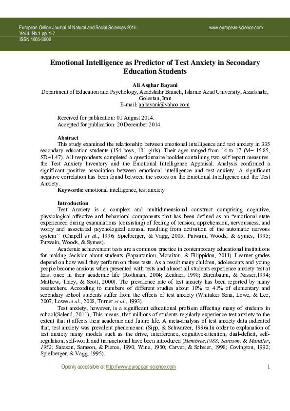 (PDF) Emotional Intelligence as Predictor of Test Anxiety in Secondary ...