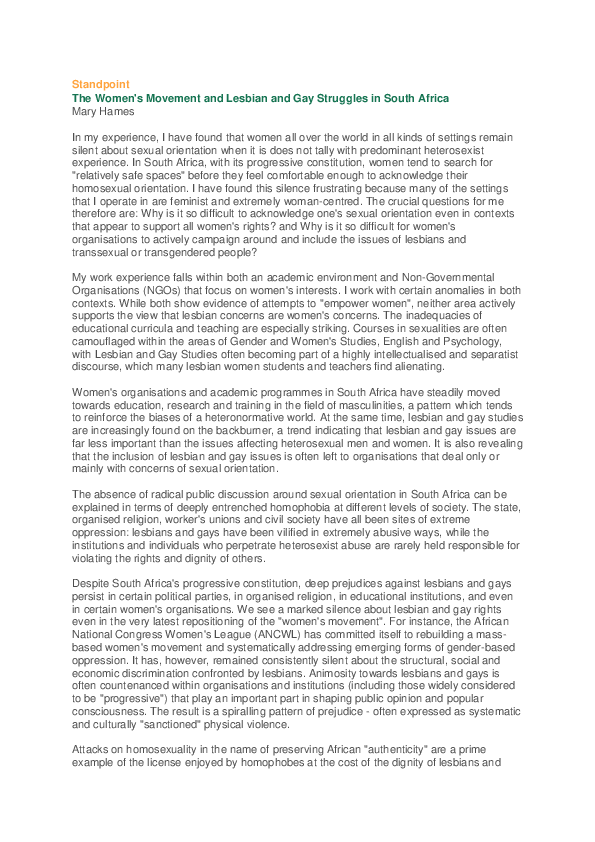 (PDF) The Women's Movement and Lesbian and Gay Struggles in South Africa