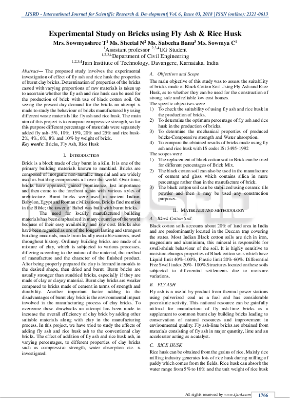 (PDF) Experimental Study on Bricks using Fly Ash & Rice Husk