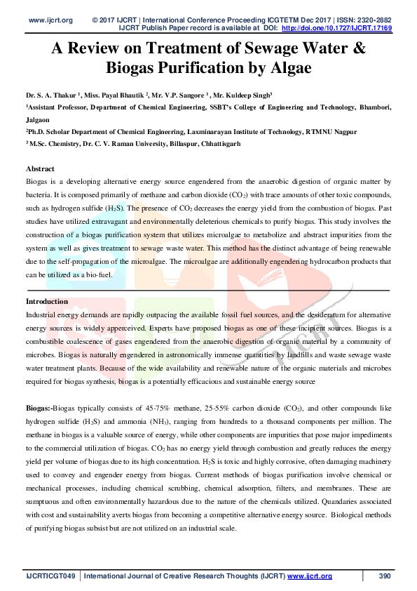 (PDF) A Review on Treatment of Sewage Water & Biogas Purification by Algae