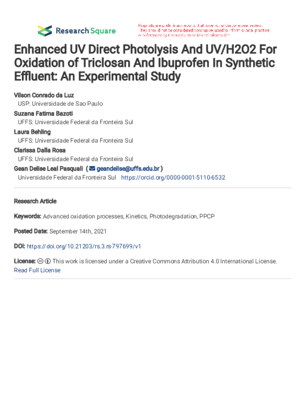 (PDF) Enhanced UV Direct Photolysis And UV/H2O2 For Oxidation of ...
