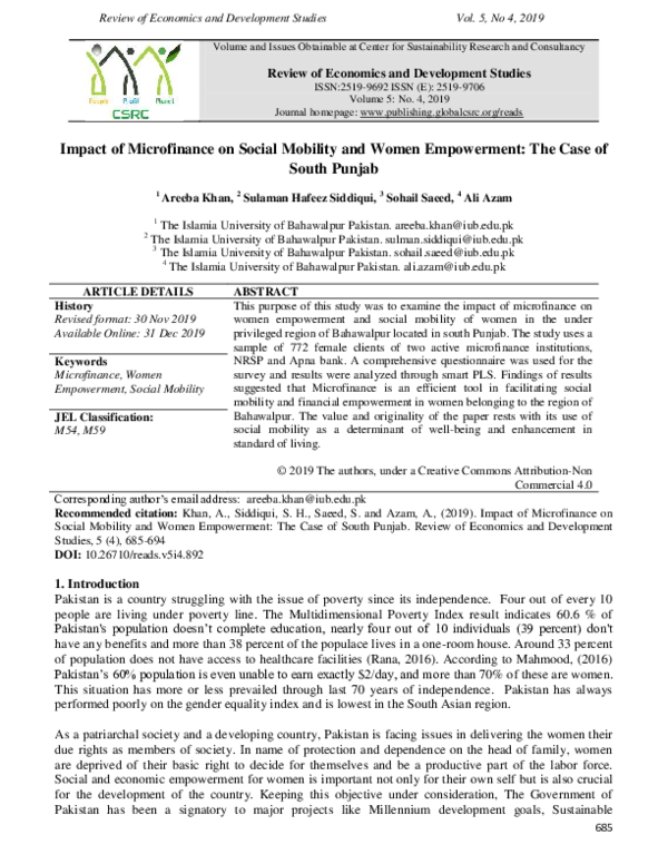 (PDF) Impact of Microfinance on Social Mobility and Women Empowerment ...