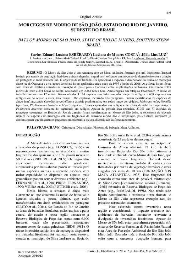 (PDF) Morcegos de morro de São João, estado do Rio de Janeiro, sudeste ...