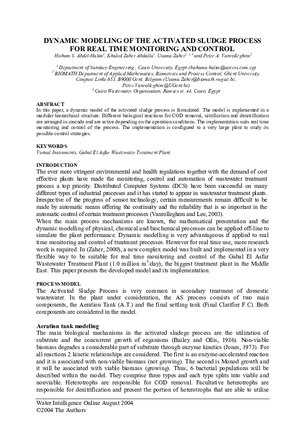(PDF) Dynamic Modeling of the Activated Sludge Process for Real Time ...