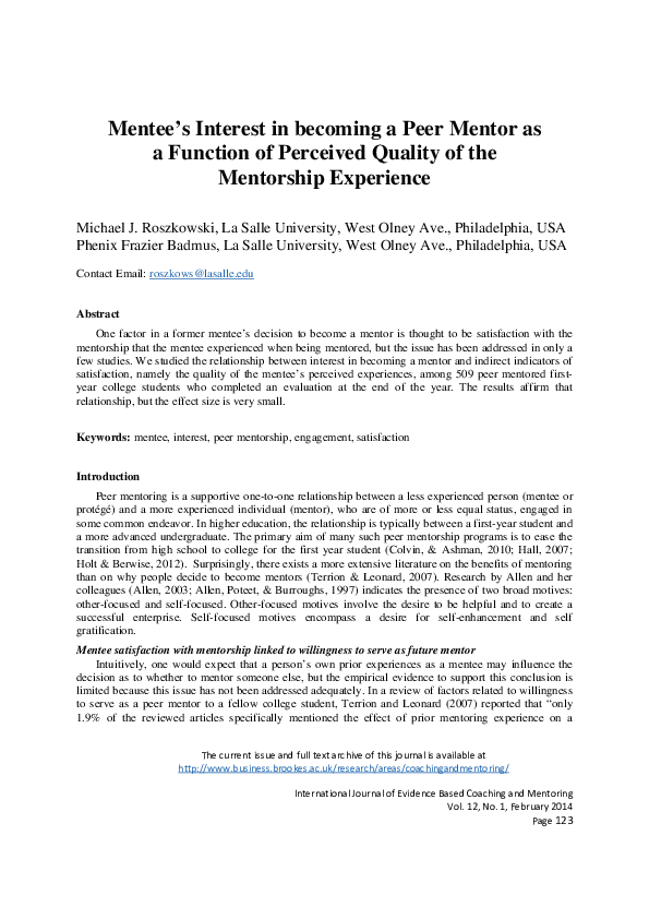 (PDF) Mentee’s Interest in becoming a Peer Mentor as a Function of ...