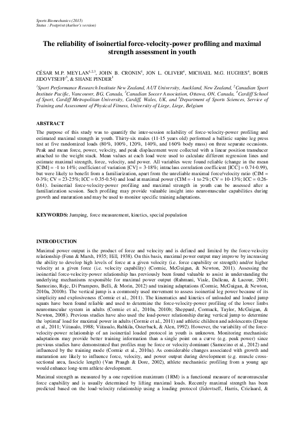 (PDF) The reliability of isoinertial force–velocity–power profiling and ...