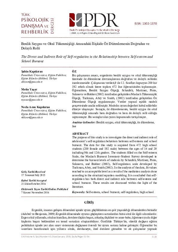 (PDF) the Relationship between Self-esteem and School Burnout