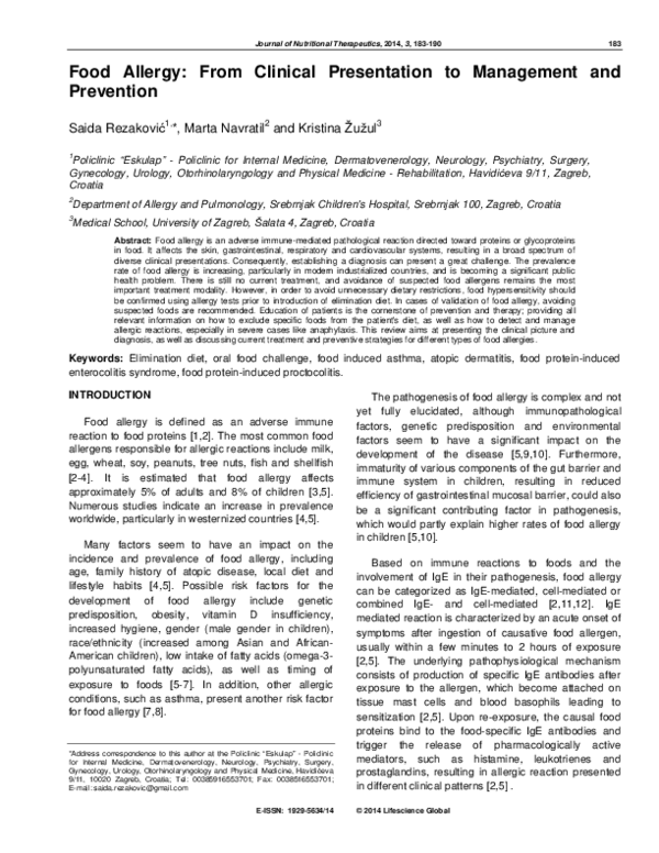 (PDF) Food Allergy: From Clinical Presentation to Management and Prevention