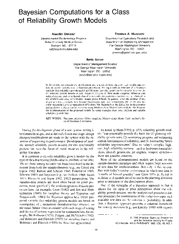 (PDF) Bayesian Computations for a Class of Reliability Growth Models