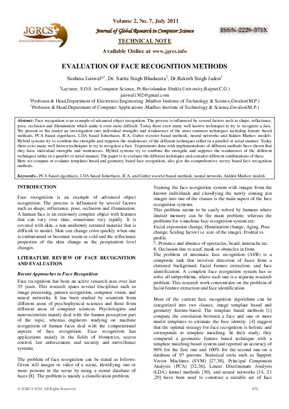 (PDF) Evaluation of Face Recognition Methods