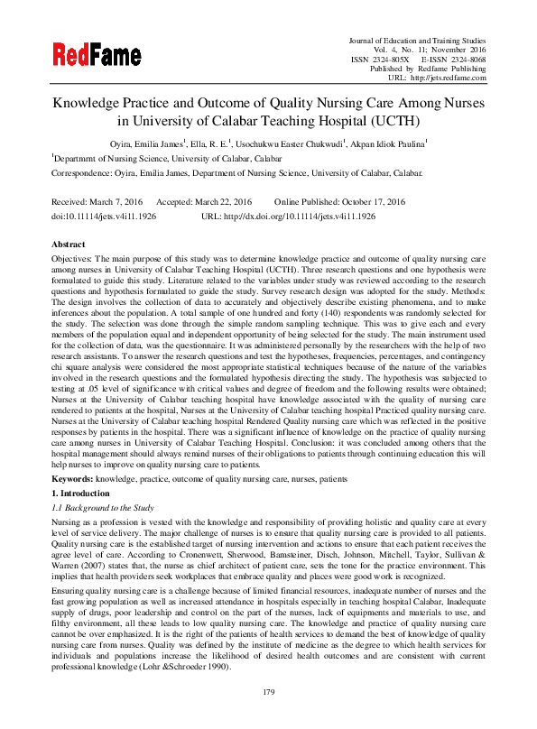 (PDF) Knowledge Practice and Outcome of Quality Nursing Care Among ...