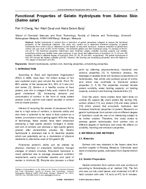 (PDF) Functional Properties of Gelatin Hydrolysate from Salmon Skin