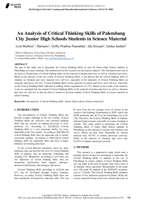 (PDF) An Analysis of Critical Thinking Skills of Palembang City Junior ...