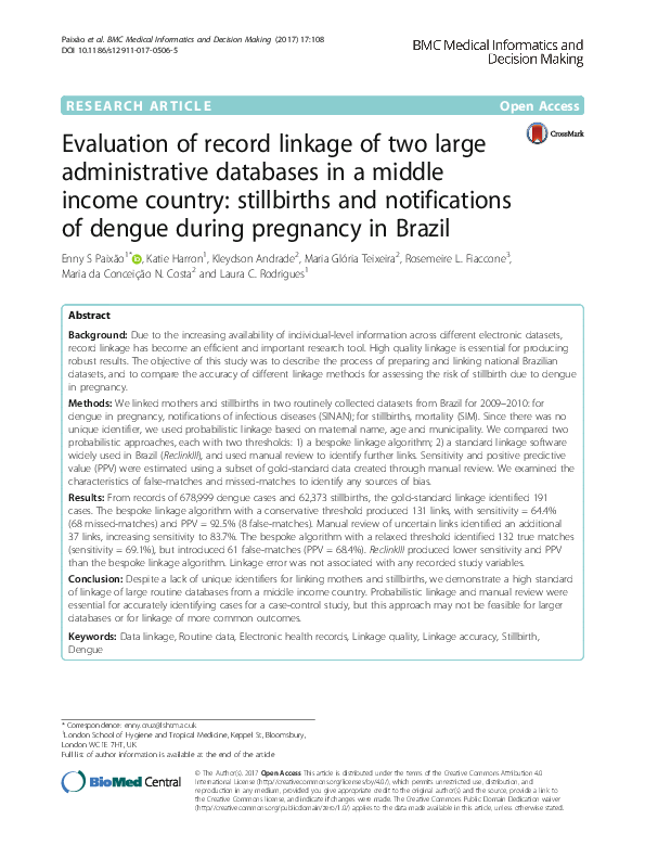 (PDF) Evaluation of record linkage of two large administrative ...