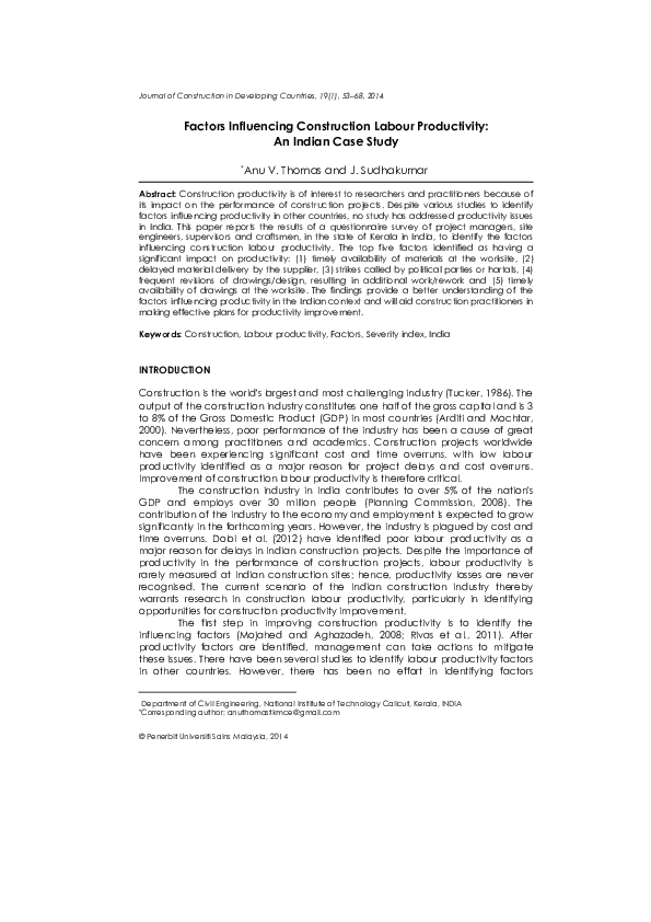 (PDF) Factors Influencing Construction Labour Productivity: An Indian ...