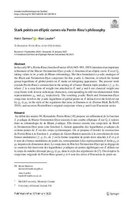(PDF) Stark points on elliptic curves via Perrin-Riou’s philosophy