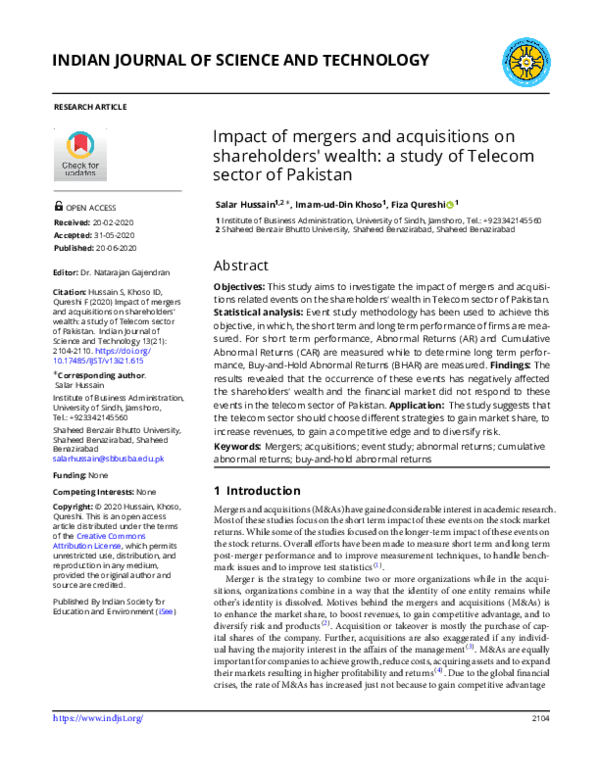 (PDF) Impact of mergers and acquisitions on shareholders' wealth: a ...