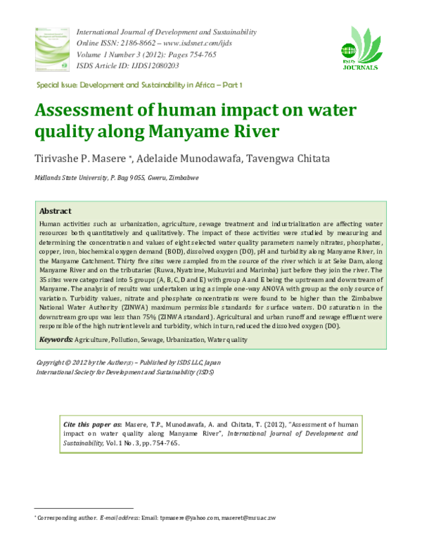 (PDF) Assessment of human impact on water quality along Manyame River