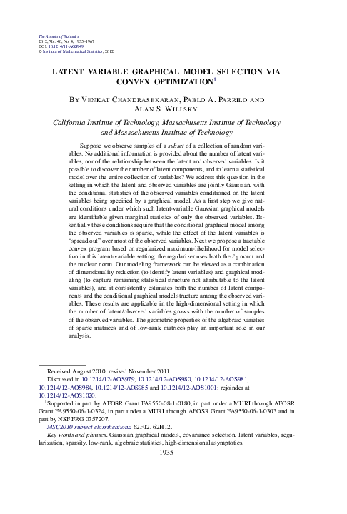 (PDF) Latent variable graphical model selection via convex optimization