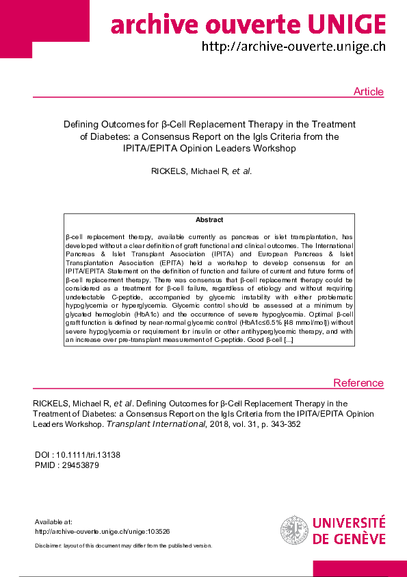 (PDF) Defining Outcomes for β-Cell Replacement Therapy in the Treatment ...