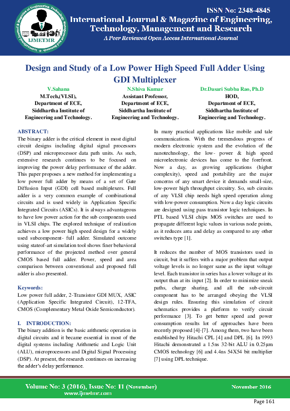 (PDF) Design & study of a low power high speed full adder using GDI ...