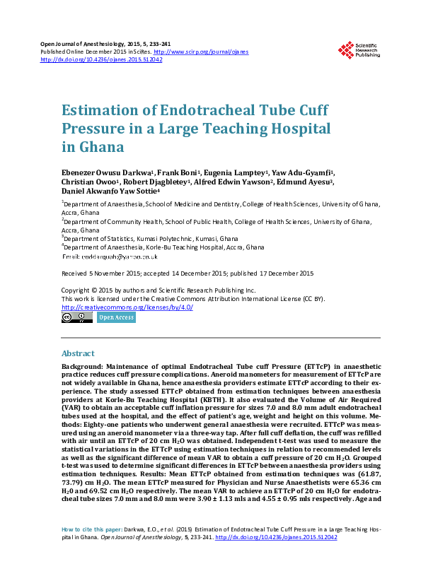 (PDF) Estimation of Endotracheal Tube Cuff Pressure in a Large Teaching ...