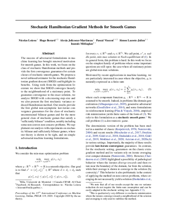 (PDF) Stochastic Hamiltonian Gradient Methods for Smooth Games