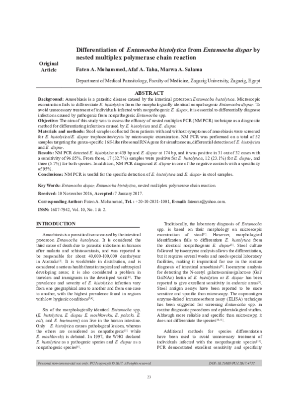 (PDF) Differentiation of Entamoeba histolytica from Entamoeba dispar by ...