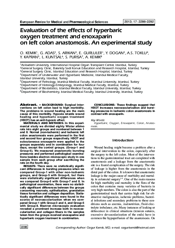 (PDF) Evaluation of the effects of hyperbaric oxygen treatment and ...