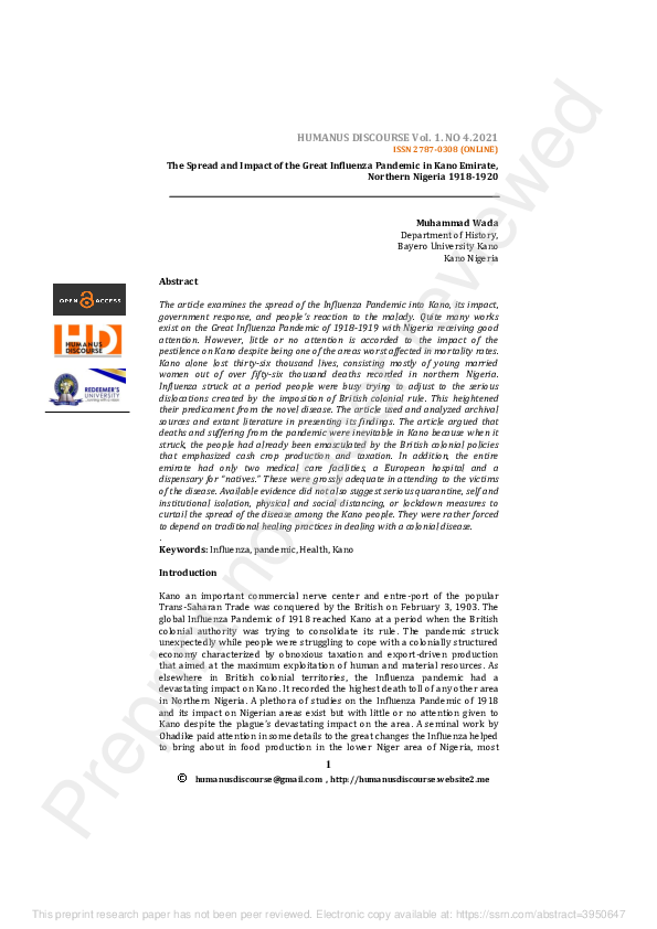 (PDF) The Spread and Impact of the Great Influenza Pandemic in Kano ...