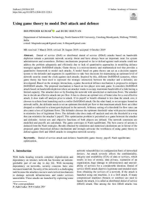 (PDF) Using game theory to model DoS attack and defence