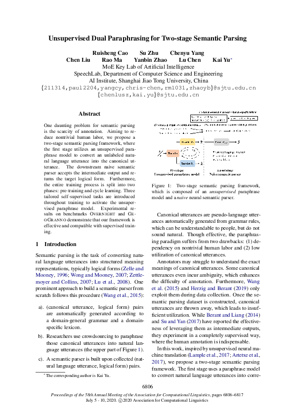 (PDF) Unsupervised Dual Paraphrasing for Two-stage Semantic Parsing