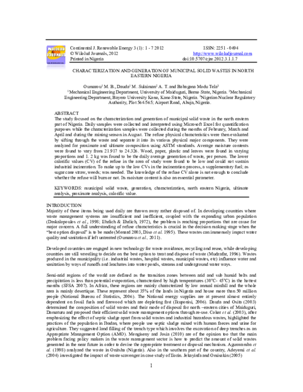 (PDF) CHARACTERIZATION AND GENERATION OF MUNICIPAL SOLID WASTES IN ...