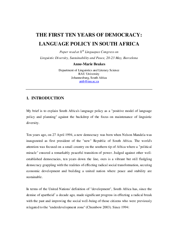 (PDF) The First Ten Years of Democracy: Language Policy in South Africa