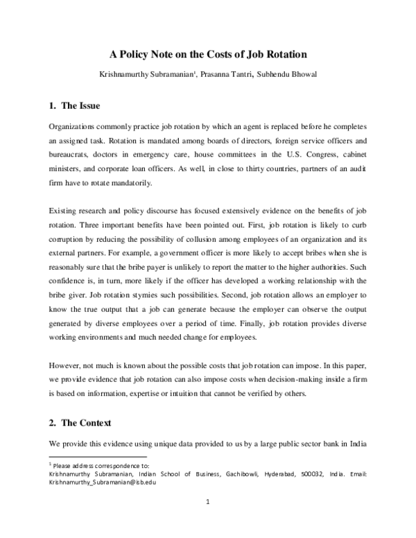 (PDF) A Policy Note on the Costs of Job Rotation